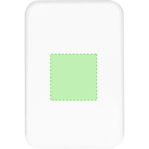 A white power bank with a green square feature, featuring a logo on its surface.