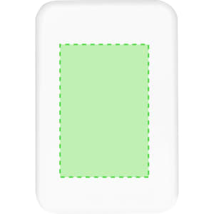 A white power bank featuring a green rectangular section. It includes a logo on the surface.