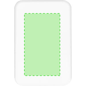 A power bank in white with a green rectangular area, featuring a logo on the front.