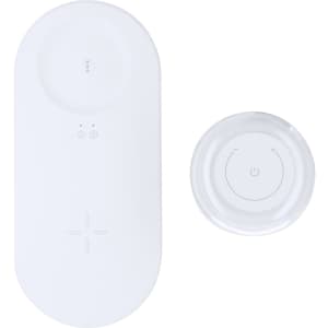 A white wireless charger lamp with a circular light control and an indicator display. It has a simplistic, modern design.
