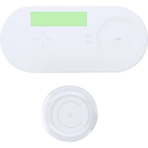 A wireless charger lamp in white, featuring a circular charging pad and control buttons. It includes a logo.