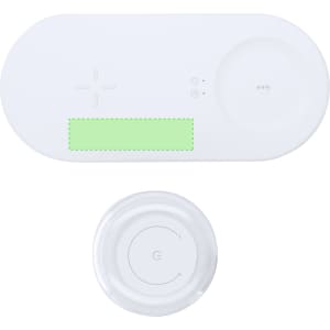 A grey and white wireless charger lamp with circular and rectangular sections, featuring a logo.