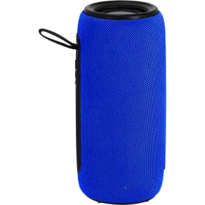 A cylindrical blue speaker with a textured surface and a side strap, featuring buttons for controls and a logo.
