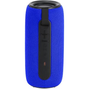 A blue portable speaker with a cylindrical design, featuring control buttons and an attached strap.
