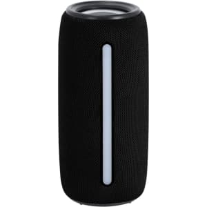 A cylindrical black speaker with a light strip and a top opening, featuring a textured surface and a logo.