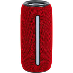 A red cylindrical speaker with a mesh exterior and a vertical light strip. It features a logo on the body.