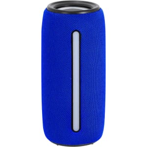 A blue cylindrical speaker with a mesh fabric exterior and a vertical light strip. It features a logo on the front.
