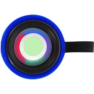 A round speaker in blue fabric with a black base and a colourful light ring in the centre. It has a strap for convenience.