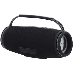 A black portable speaker with a handle, featuring a mesh exterior and round ends. It has a logo on the side.