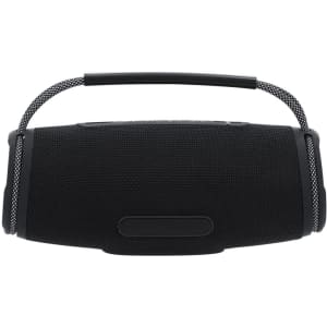 A black portable speaker with a textured surface and a carrying handle, featuring a branded logo.