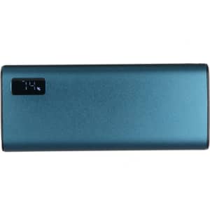 A blue power bank with a sleek design and an LED display indicating battery level. It features a logo on the surface.