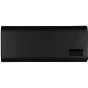 A black power bank with a sleek design, featuring a minimalist appearance and a branding logo.