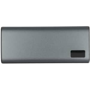 A power bank in a sleek, matte grey finish, featuring a logo and a small display window.