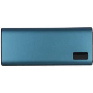 A power bank in a sleek blue finish with a black accent and logo on the side.