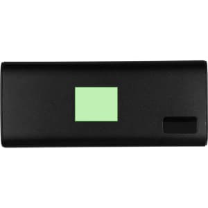 A black power bank featuring a small coloured area and a logo on the side.