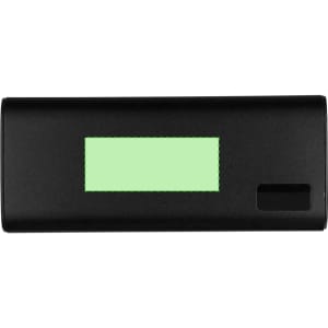 A black power bank featuring a light green display and a logo. Ideal for charging devices on the go.
