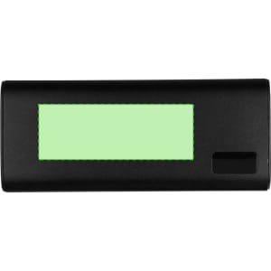 A black power bank with a green display, featuring a sleek design and a small logo.