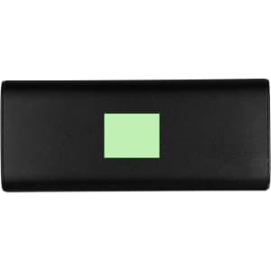 A black power bank with a small green square and a simple logo. Compact and portable design.