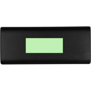 A black power bank with a blank display area, suitable for charging devices. Features a logo.