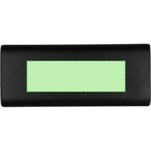 A black power bank with a rectangular green display area. It features a logo on its surface.