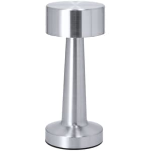 A silver Rosity Lamp with a conical base and a cylindrical top. It features a smooth, metallic finish and has a logo.