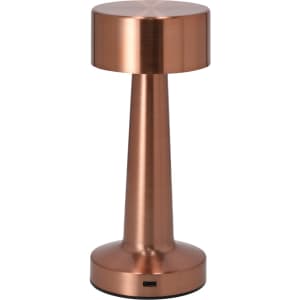 A copper lamp with a cylindrical base and a rounded top, featuring a logo on the base.