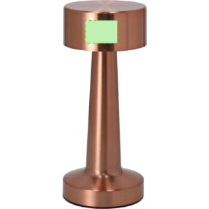 A copper-coloured lamp with a sleek, modern design and a round base. It features a logo on the front.