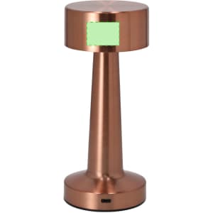 A copper lamp with a pedestal design, featuring a light panel and a USB charging port at the base.