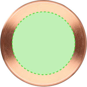 A circular lamp base in copper with a soft green light in the centre. The base has a logo.