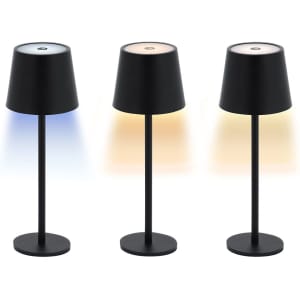 A set of three black table lamps with conical shades, featuring adjustable ambient light in various colours.