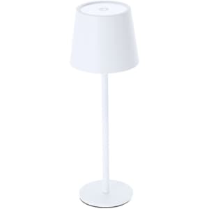 A white lamp with a tapered shade and a slim pole, featuring a circular base and a subtle logo.