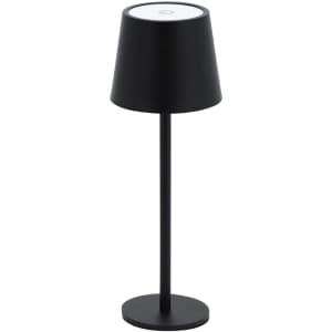 A black table lamp with a cylindrical base and a conical shade, featuring a circular top.