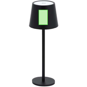 A black lamp with a green accent, featuring a round shade and a slim pedestal base. It includes a logo.