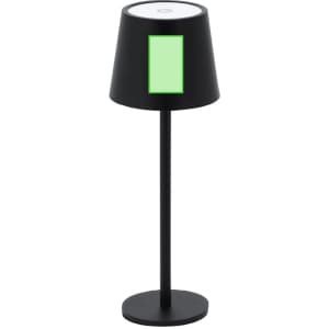 A black lamp featuring a cylindrical shade and a green panel. It has a circular base and a sleek design.