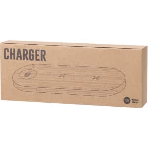 A wireless charger in a rectangular, brown cardboard box with a simple design and a branding logo on it.