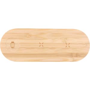 A bamboo wireless charger with a smooth, oval design and a subtle logo, featuring a natural wood finish.