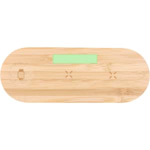A wireless charger in a stylish bamboo finish, featuring a green accent and an embedded logo.