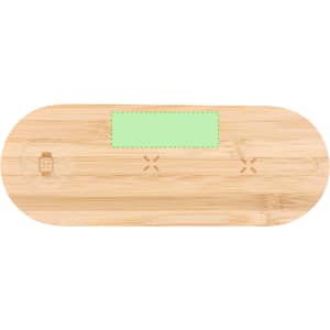 A wireless charger in a bamboo finish with a light green panel and branding.