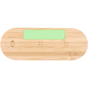 A bamboo wireless charger in a rectangular shape, featuring a green accent and branding.