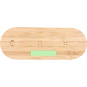 A wireless charger in a bamboo finish featuring a green accent and a logo.
