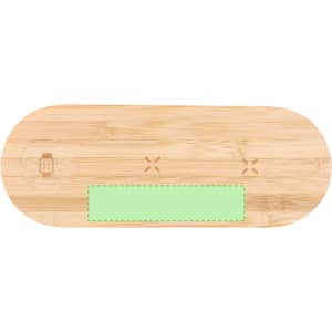 A bamboo wireless charger in a rounded rectangular shape, featuring a light green accent and a logo.