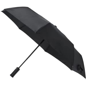 A black umbrella with a curved handle and a classic design, featuring a logo on the handle.