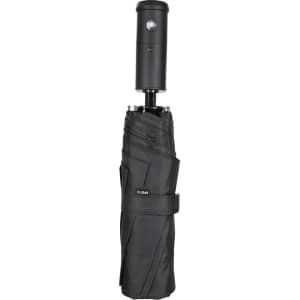 A black compact umbrella folded with a strap and a handle, featuring a logo on the casing.