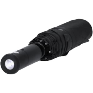 A black compact umbrella with a built-in flashlight at the handle and a textured grip. It features a logo.