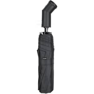 A black umbrella with a unique handle design, featuring a logo on the fabric.