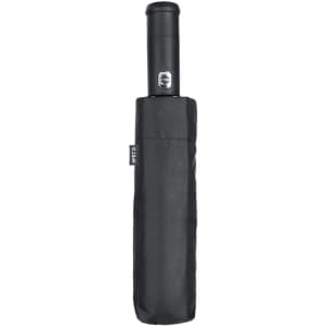 A black folding umbrella with a cylindrical handle, featuring a logo and wrapped in a protective sleeve.