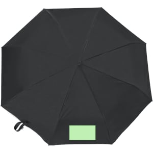 A black umbrella with a sleek design and a branding area on the underside.