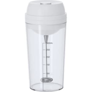 A drink bottle with a clear body, white lid, and a built-in mixing whisk. It features measurement markings.