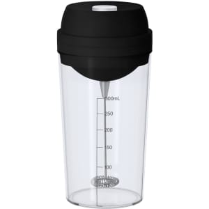 A drink bottle with a clear body and black lid, featuring measurement markings and a mixing whisk inside.