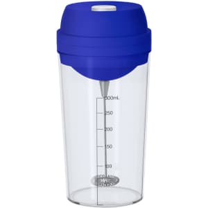 A drink bottle with a clear body and a blue lid, featuring a whisk attachment and measurement markings.